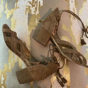 MICHAEL KORS block heel strappy suede sandal TAUPE